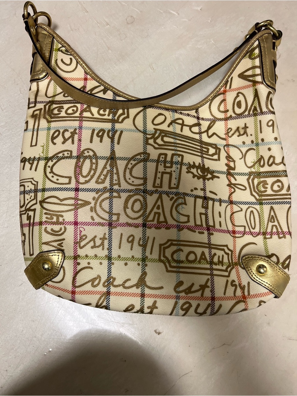 Coach Cream Signature Script Hobo Bag with Gold Trim